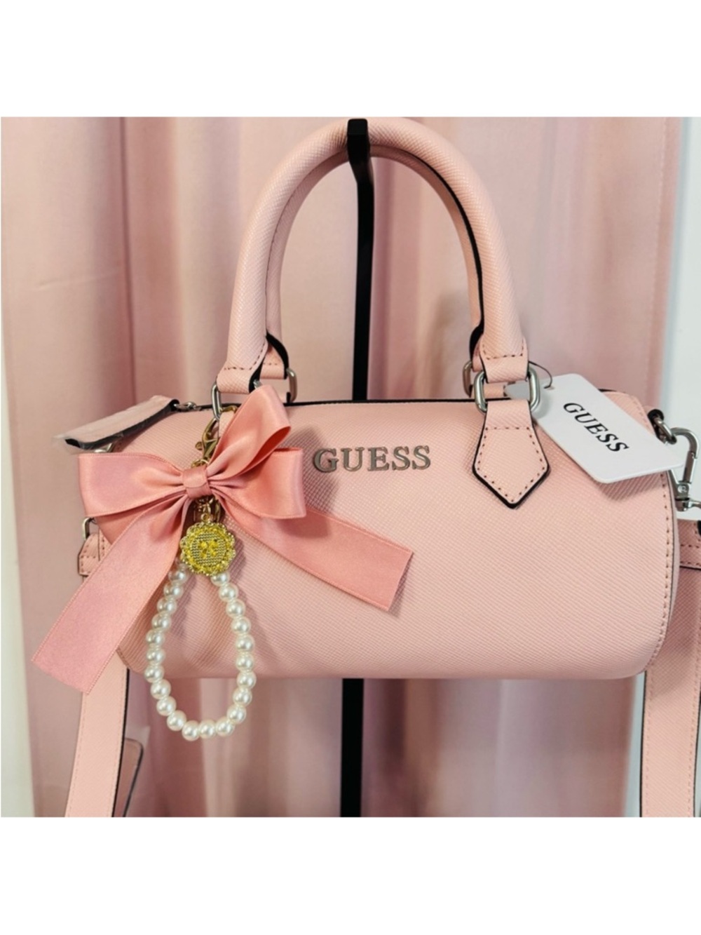 GUESS Blush Pink Barrel Bag with Satin Bow & Pearl Charm - Picture 2 of 2